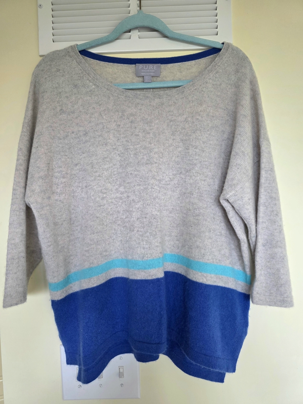 Pure Collection 100% Cashmere Gray Blue Stripe Women's Sweater Large Soft Warm
